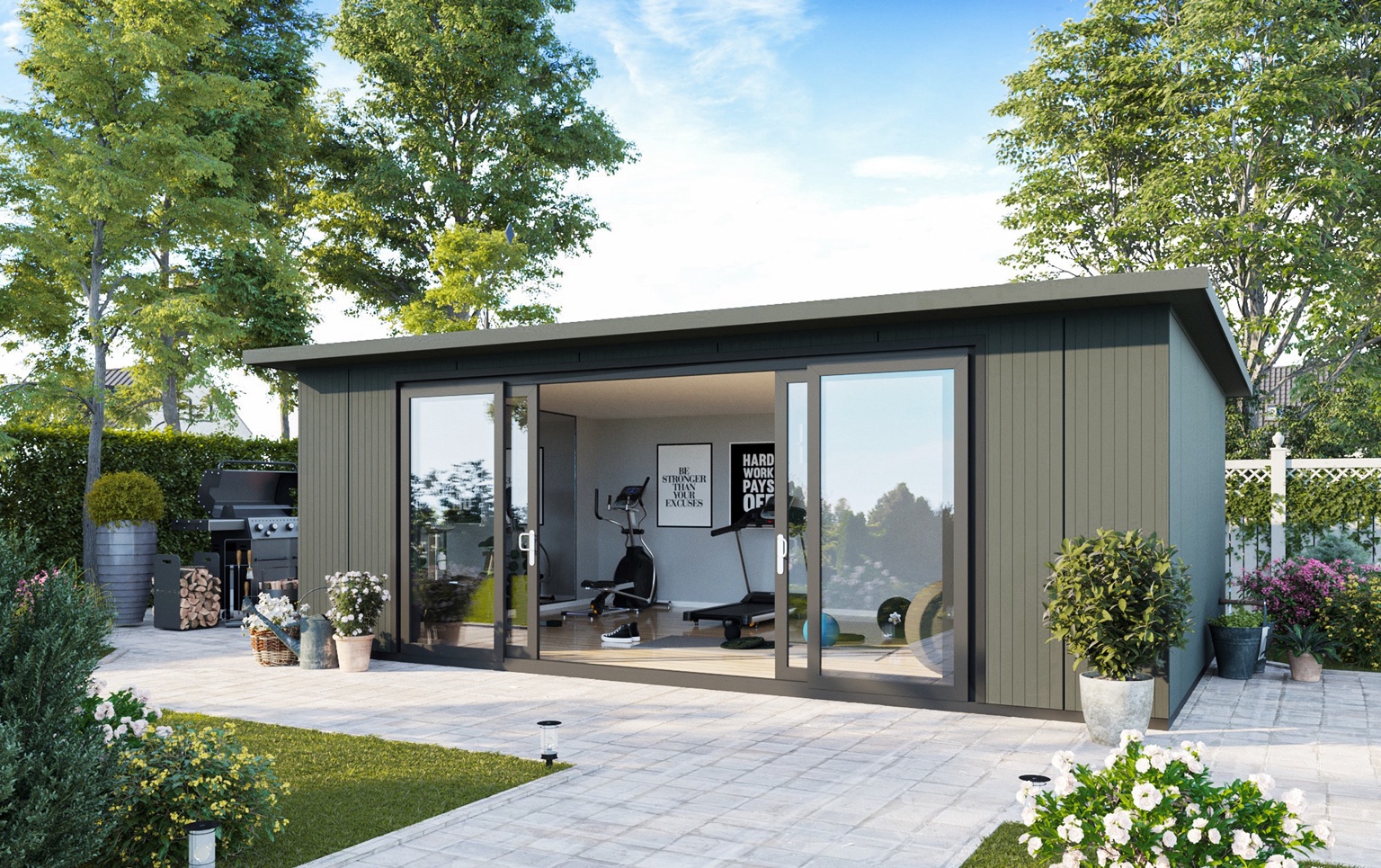 Large prefabricated garden room used as a gym