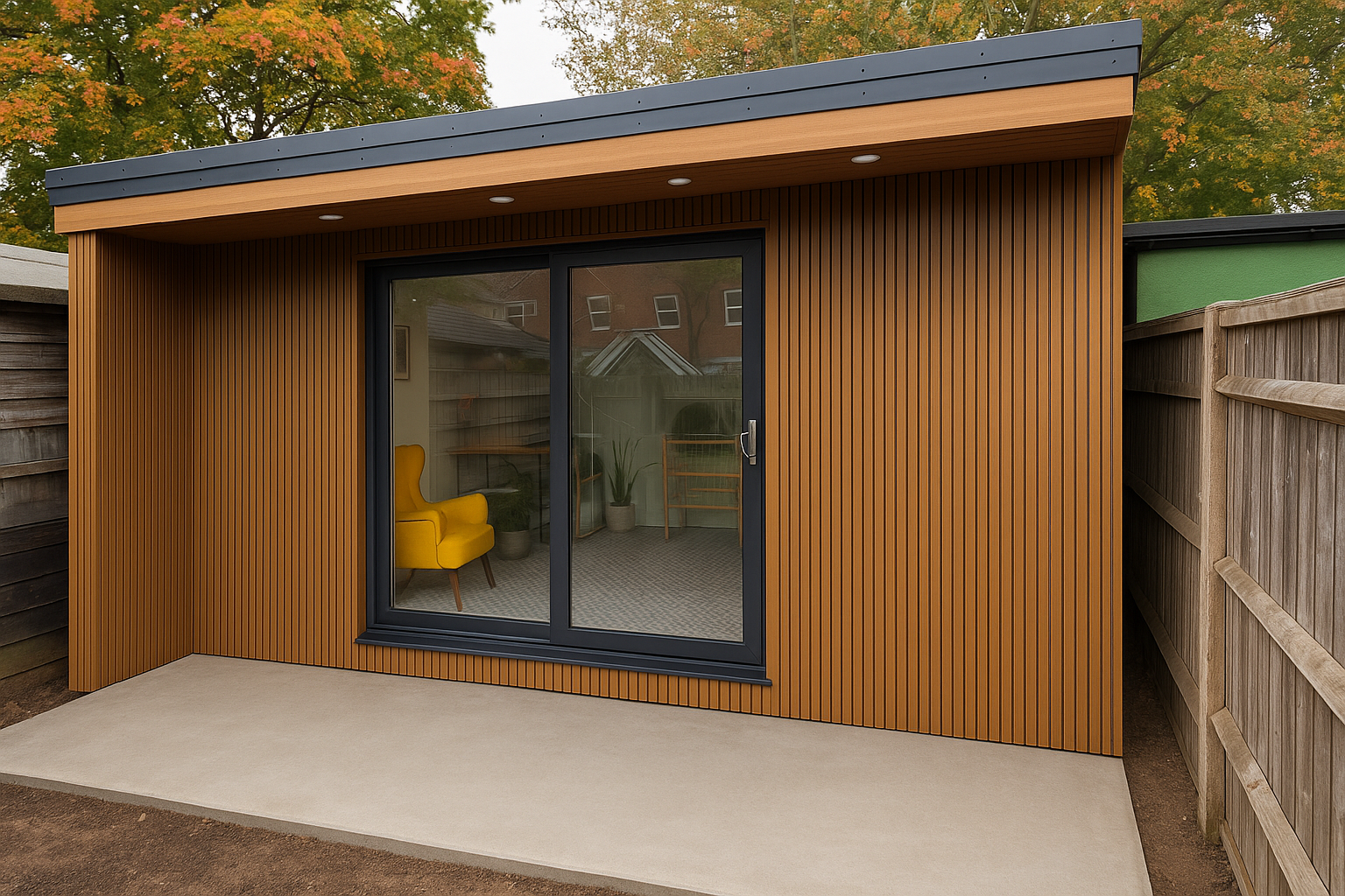 Slatted cladding on insulated garden room in Mold, North Wales